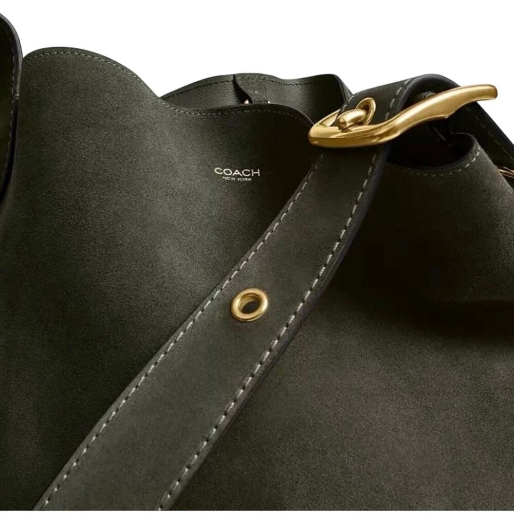 Coach Bleecker Bucket Bag w/ Detachable Pouch Olive Green Suede NWT - Picture 3 of 7